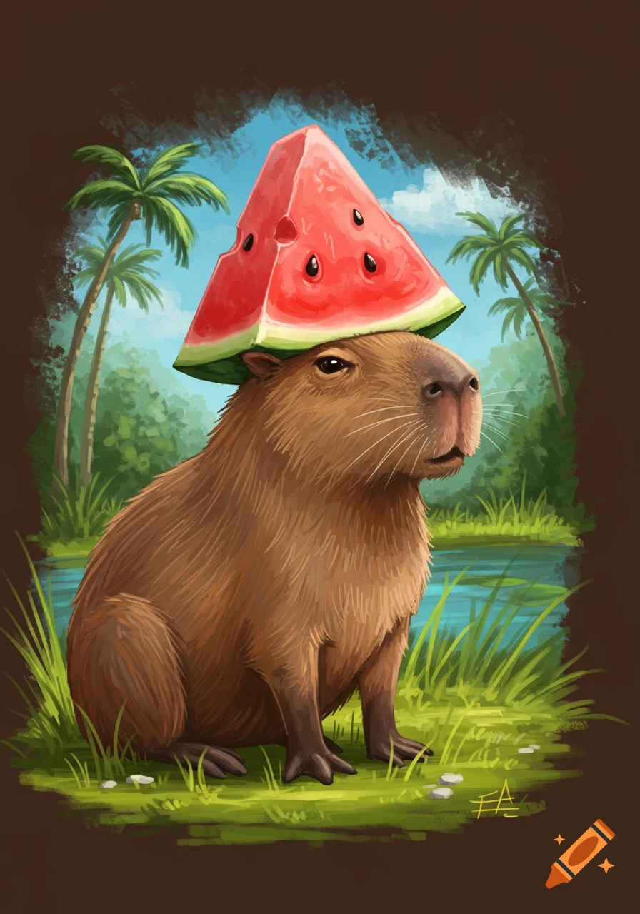 A capybara sits in a tropical setting with a watermelon slice on its head