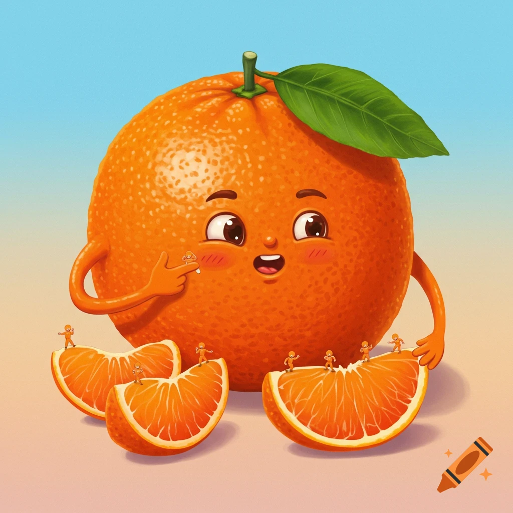 A cartoon orange character pointing at small figures on orange slices.