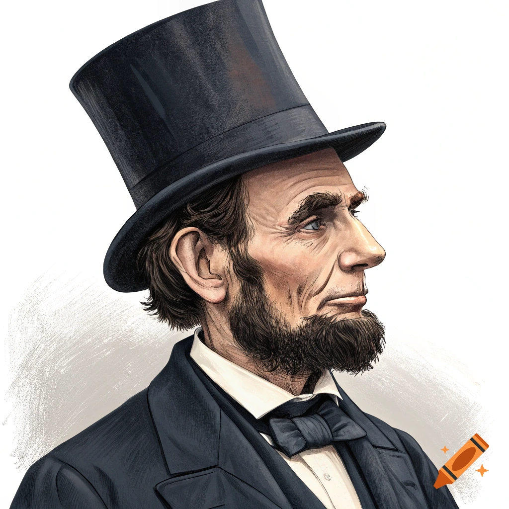 Illustration of Abraham Lincoln in a top hat, seen from the side