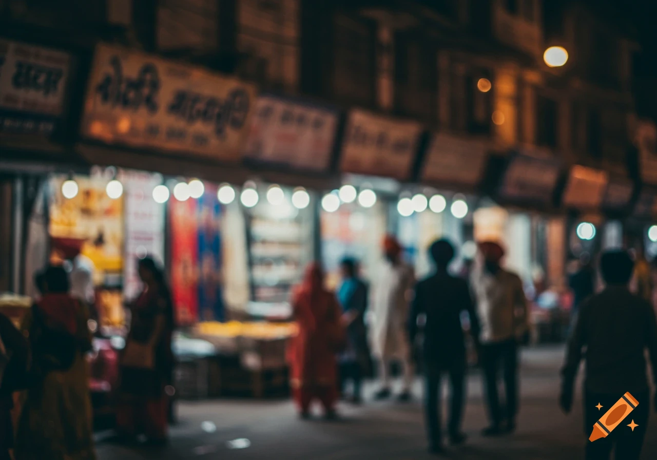 Blurry nighttime street scene with people walking past shops with lights.