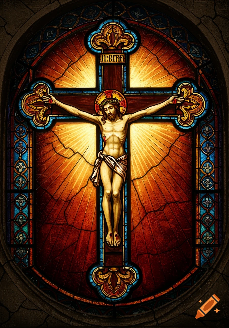 Stained glass image of the crucifixion of Jesus Christ with sun rays and decorative border