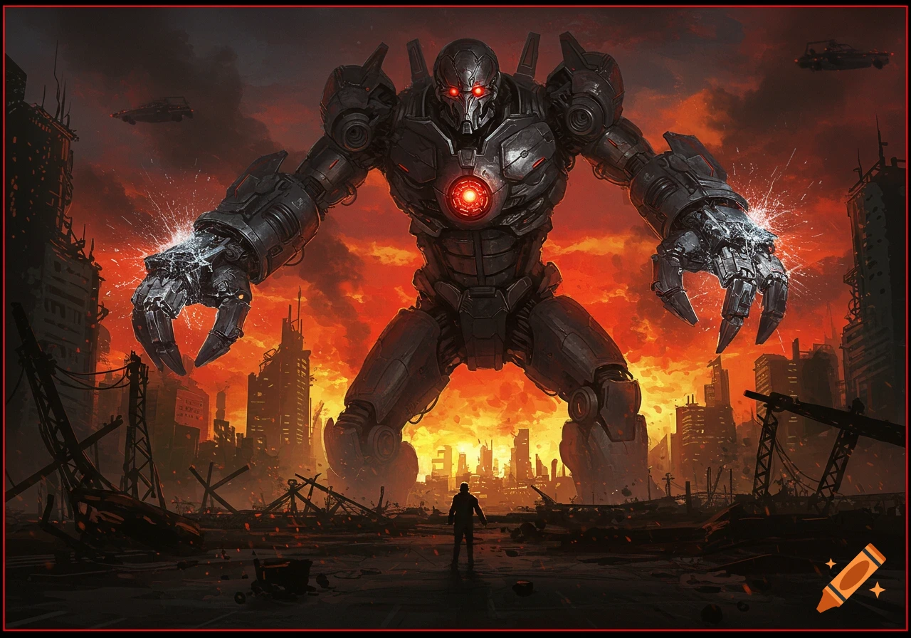Giant robot standing over a destroyed city landscape with a small human figure