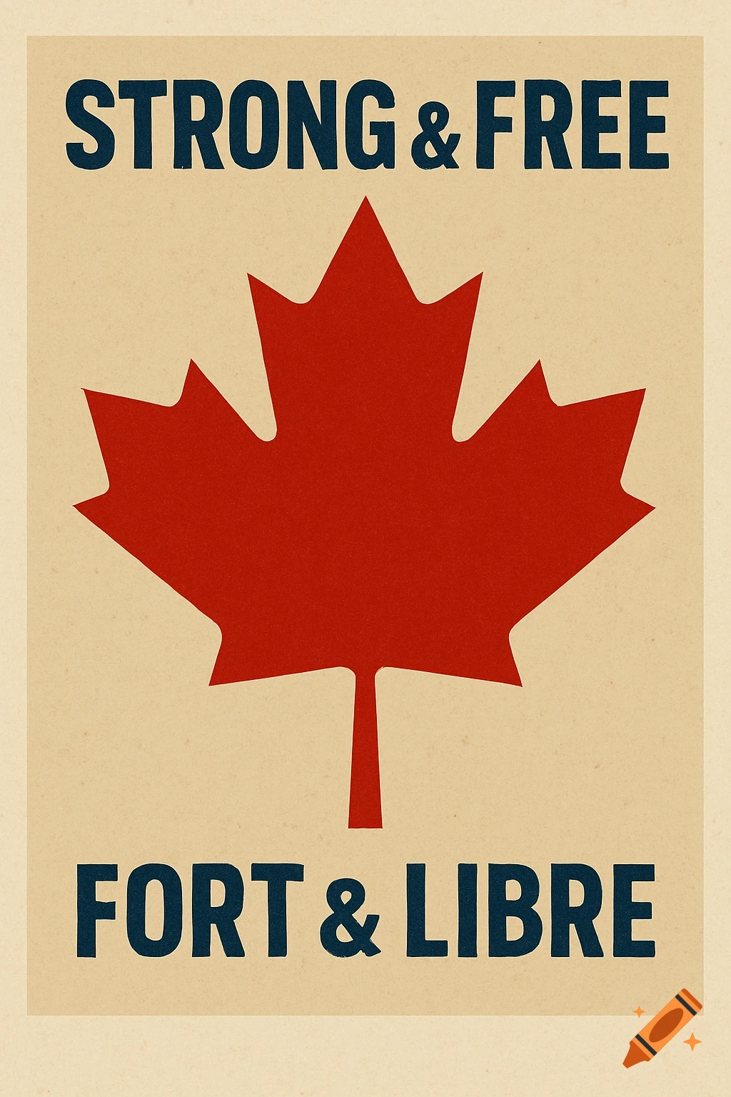 A poster with a red maple leaf emblem centered on a beige background. The text "STRONG & FREE" is above it and "FORT & LIBRE" is below, both in dark blue block letters.