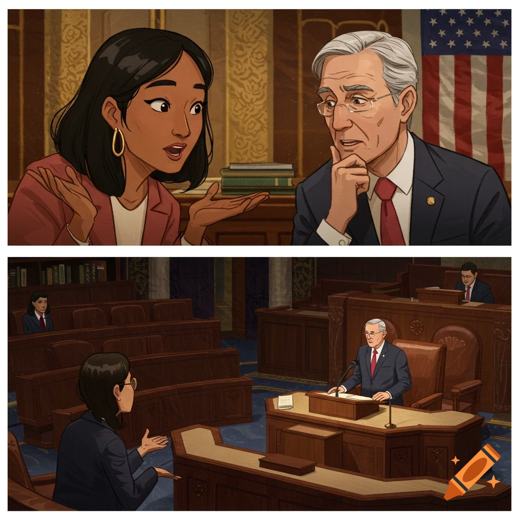 Illustration shows a woman talking to an older man in the top panel, and a woman speaking from the floor as an older man sits at a podium in the bottom panel. Both panels are set in a legislative chamber.