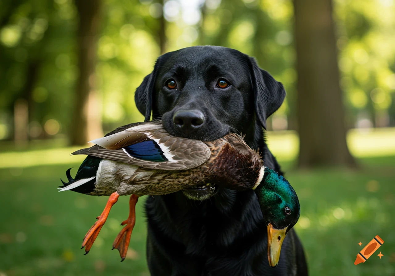 Black Labrador dog holds a dead mallard duck in its mouth outdoors.