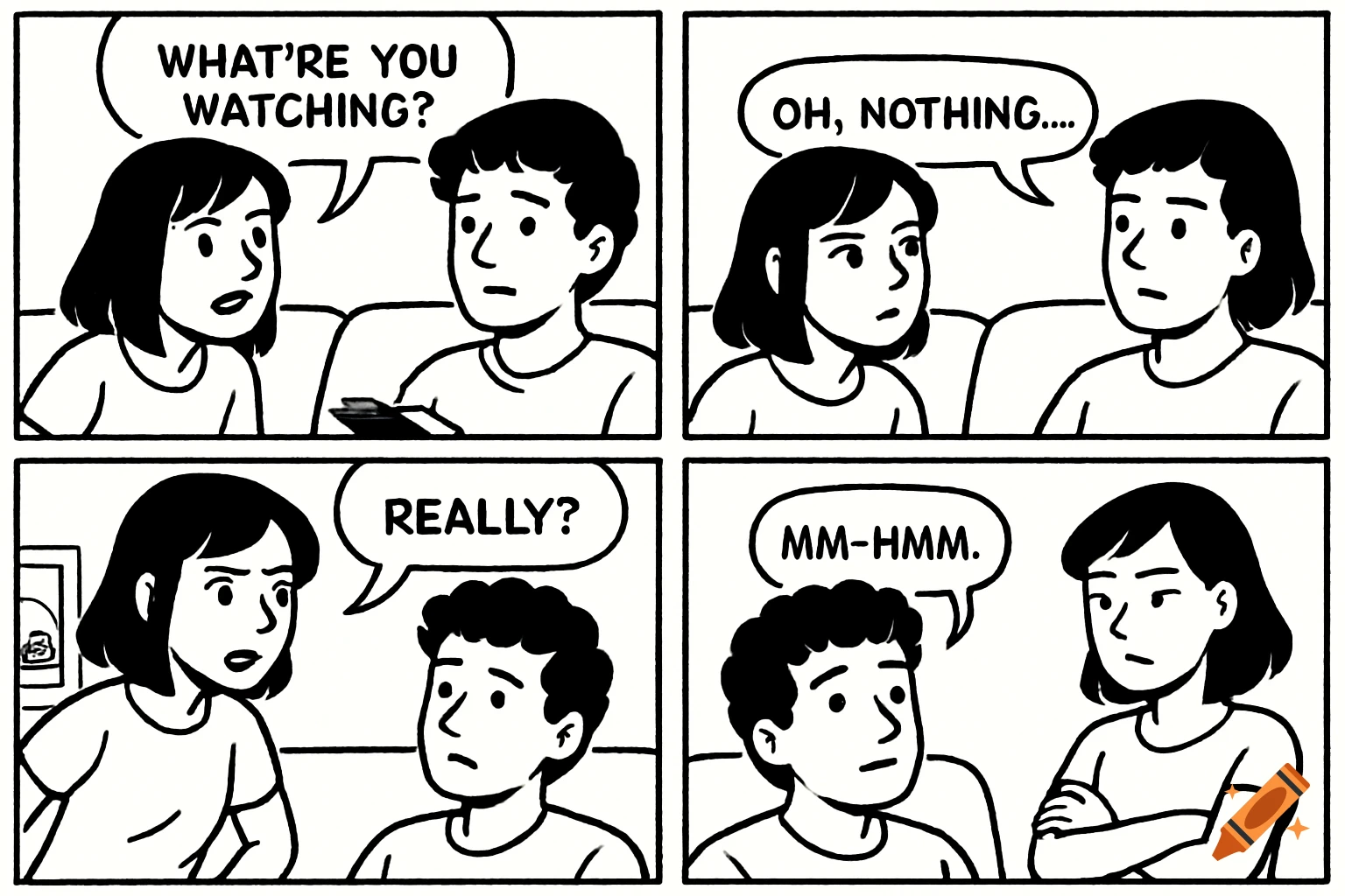 Black and white comic strip showing two people talking on a couch.
