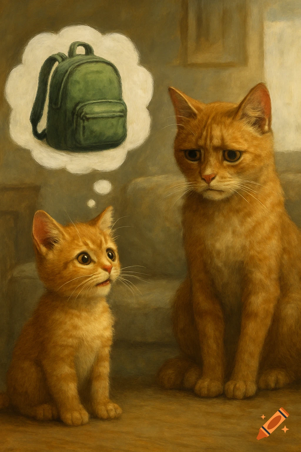 A small kitten looks up at a sad mother cat next to a thought bubble showing a backpack. Realistic painting style.