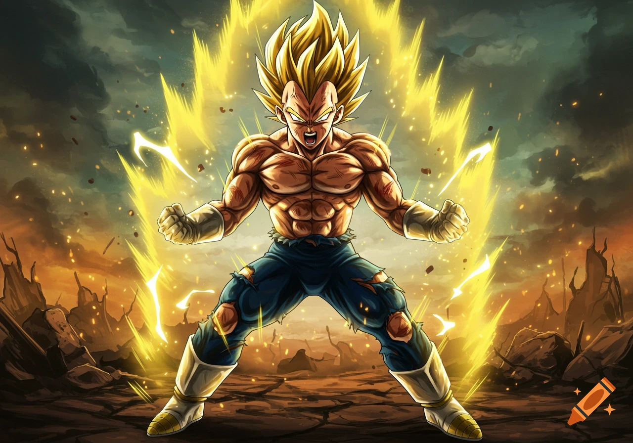 Anime character Vegeta powering up with a yellow aura in a destroyed landscape.