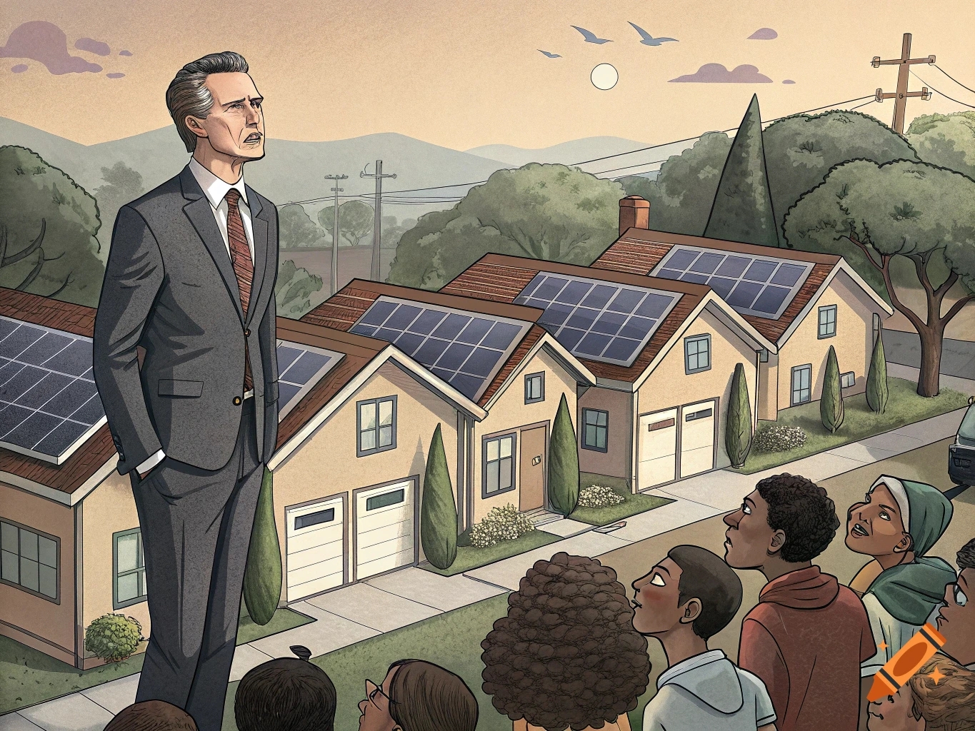 Illustration of a large figure of CA Governor Newsom standing over solar-paneled houses with people looking up.