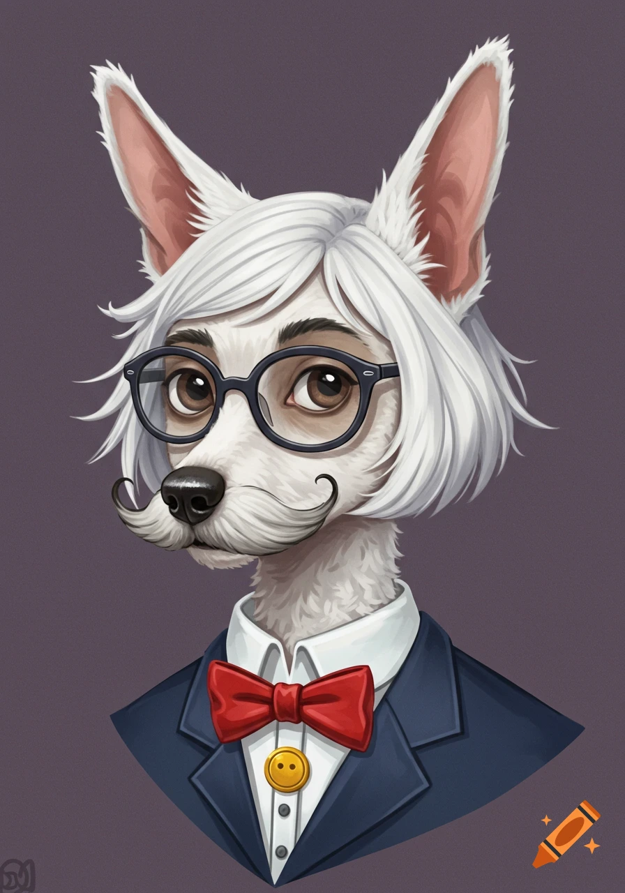 Cartoon portrait of a white dog with a mustache, glasses, red bow tie, and blue suit