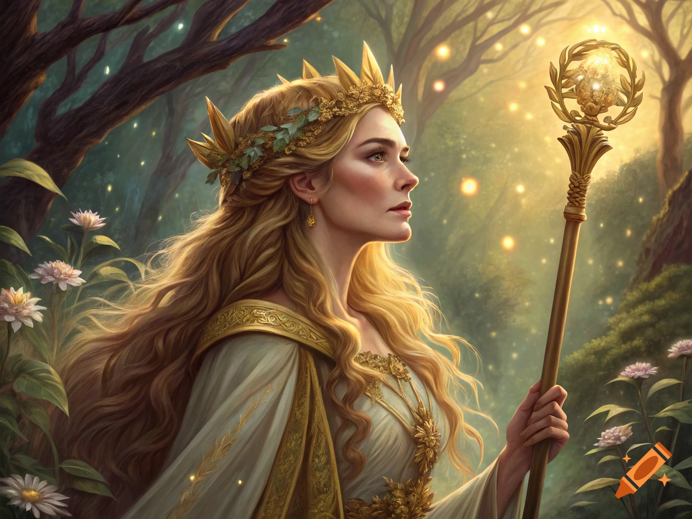 A woman with long blonde hair wearing a golden crown and ornate robes holds a staff in a glowing forest.