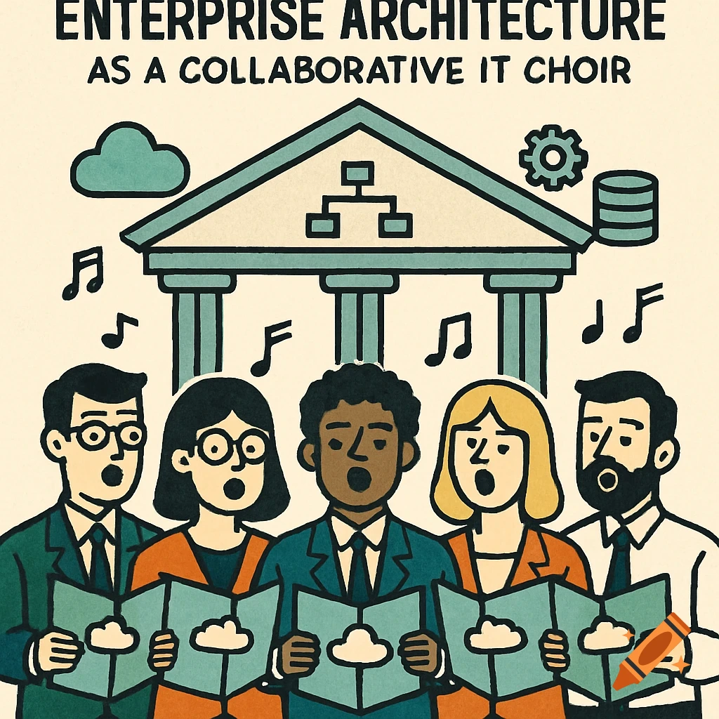 Stylized illustration of business people singing in a choir beneath a building with IT symbols. Text: ENTERPRISE ARCHITECTURE AS A COLLABORATIVE IT CHOIR.