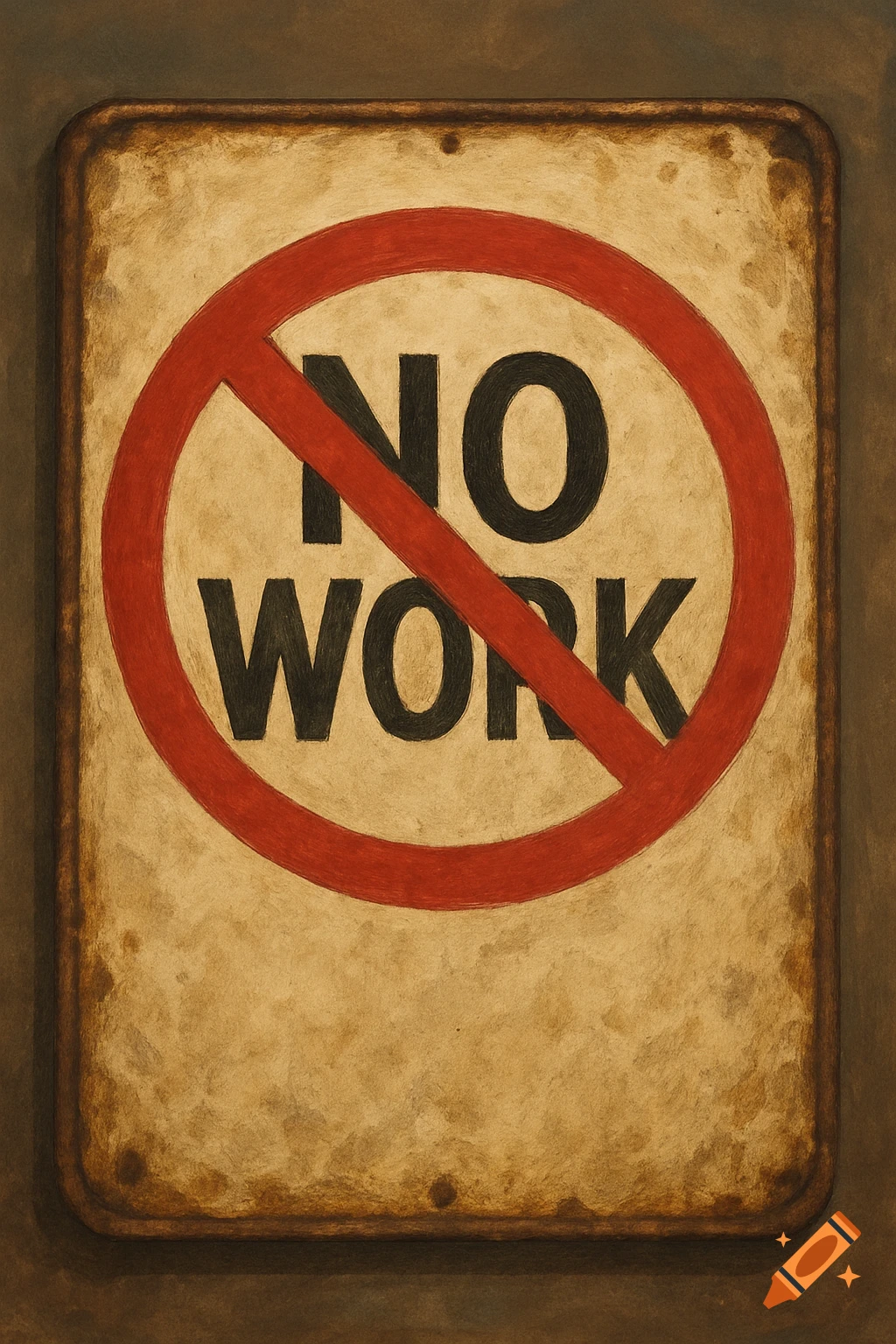 Distressed 'NO WORK' sign with a red prohibition circle.