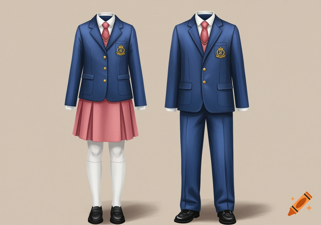 Two school uniforms are shown. One uniform has a pink skirt and a blue blazer, and the other uniform has blue trousers and a blue blazer.