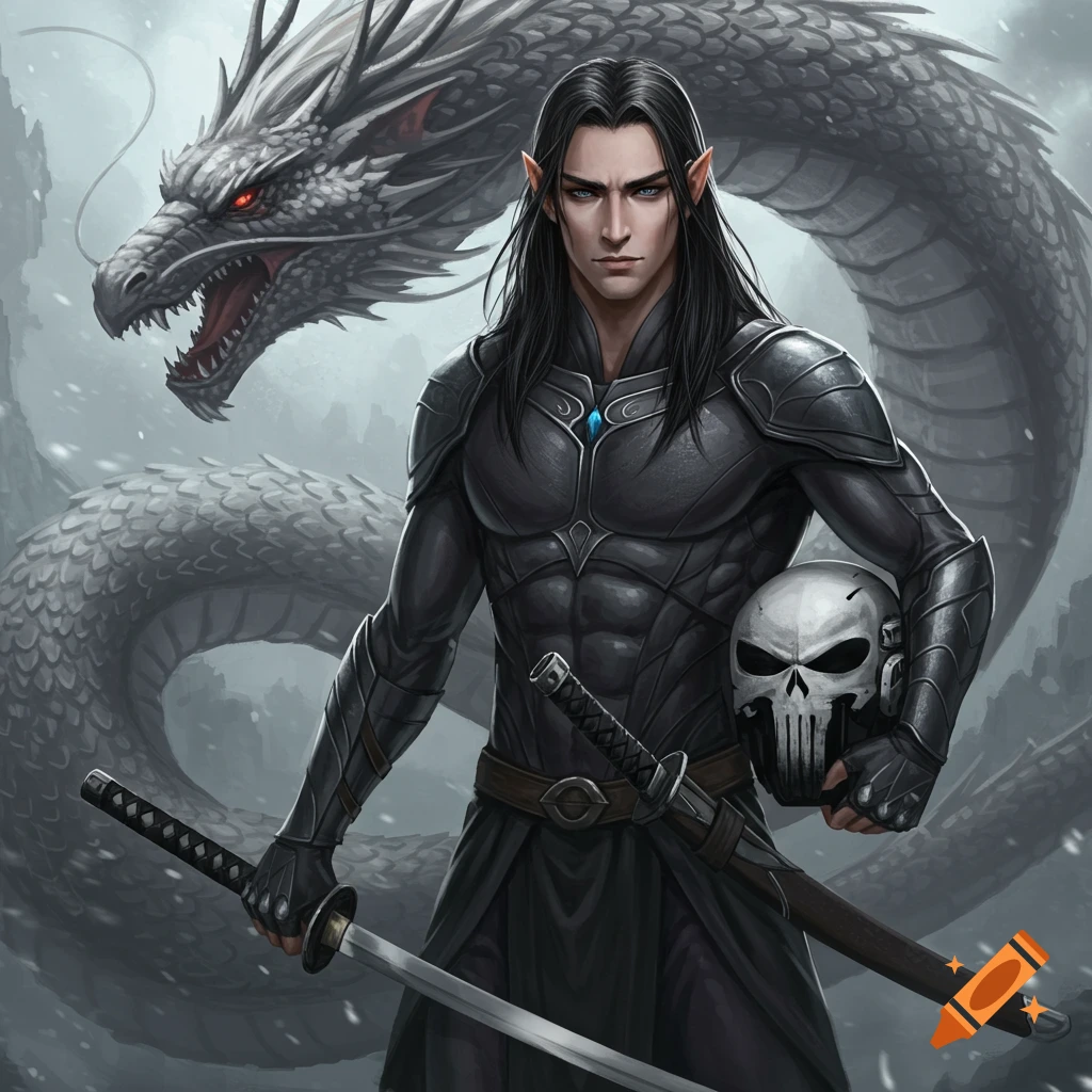 Fantasy painting of an elf warrior with swords and a skull helmet next to a dragon in a snowy landscape.