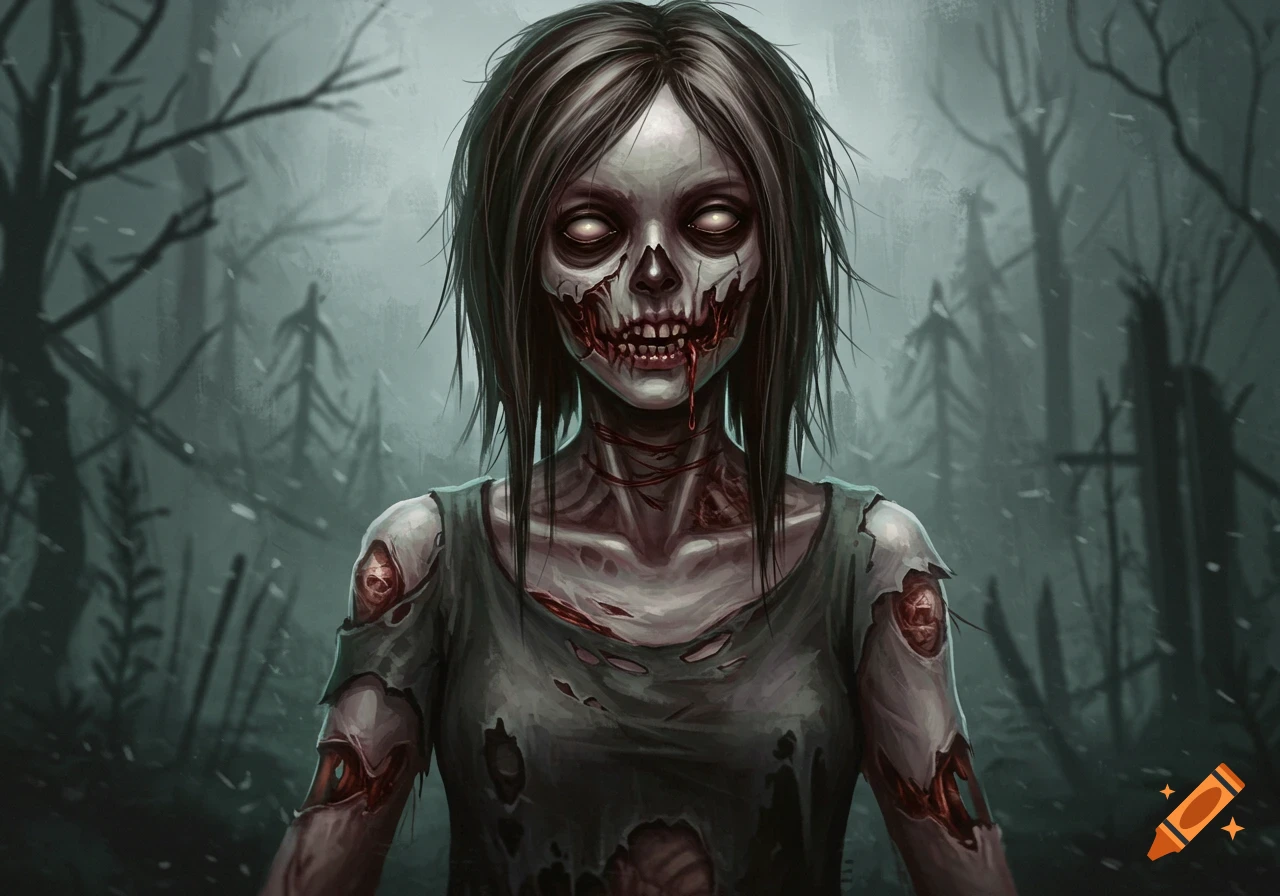 A scary zombie girl in a dark forest.