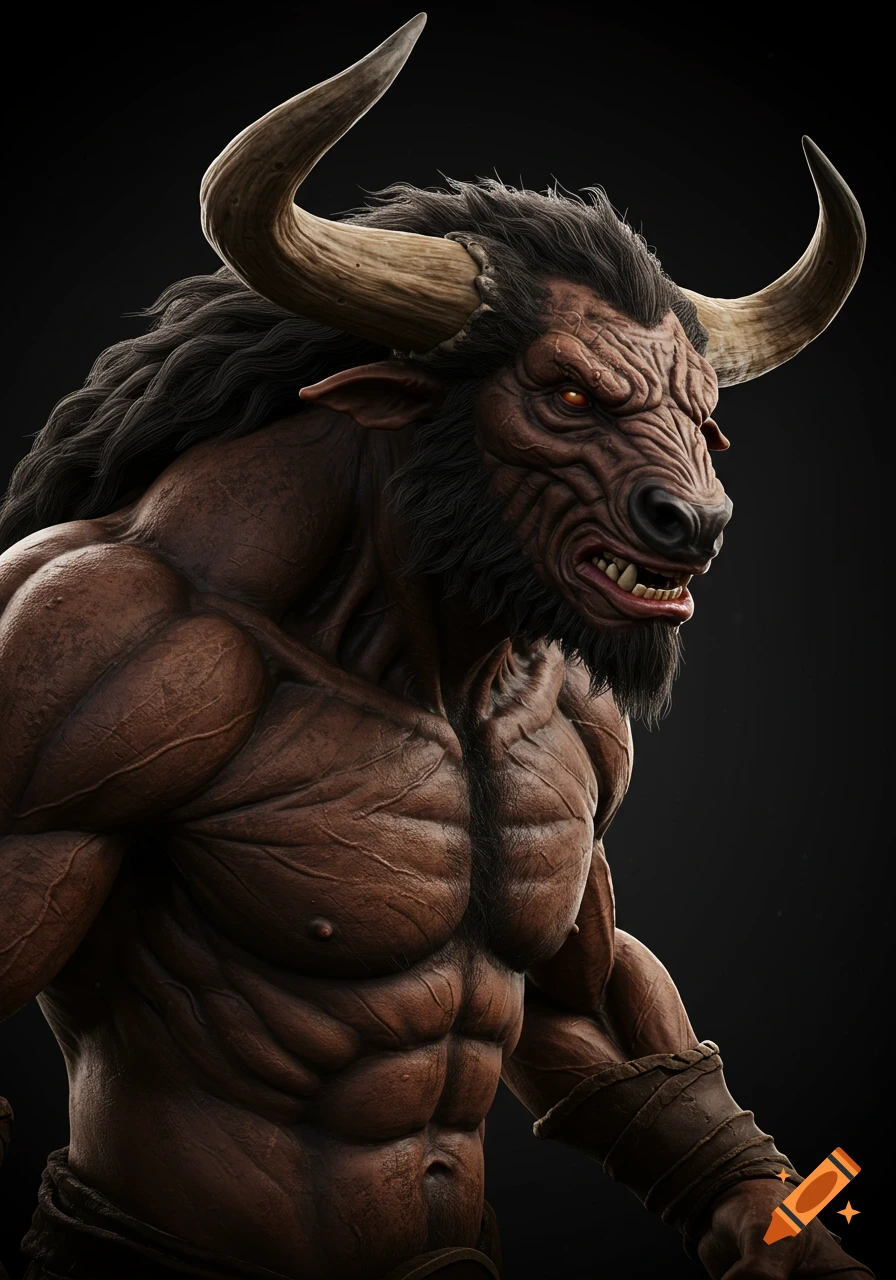 Detailed digital sculpt of a muscular Minotaur against a dark background.