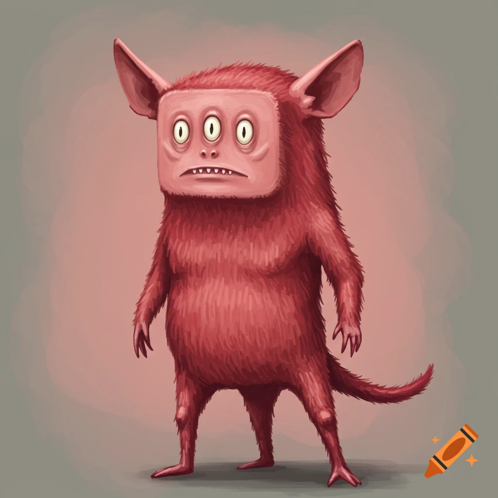 A red furry monster with a square face, three eyes, pointy ears, and a tail stands in a painting.