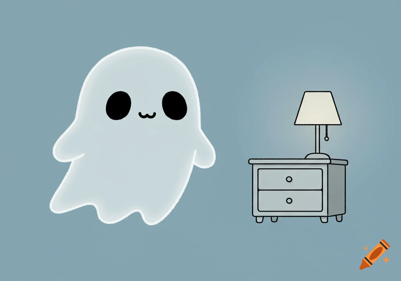 A cute simple illustration of a ghost floating next to a dresser with a lamp on it.