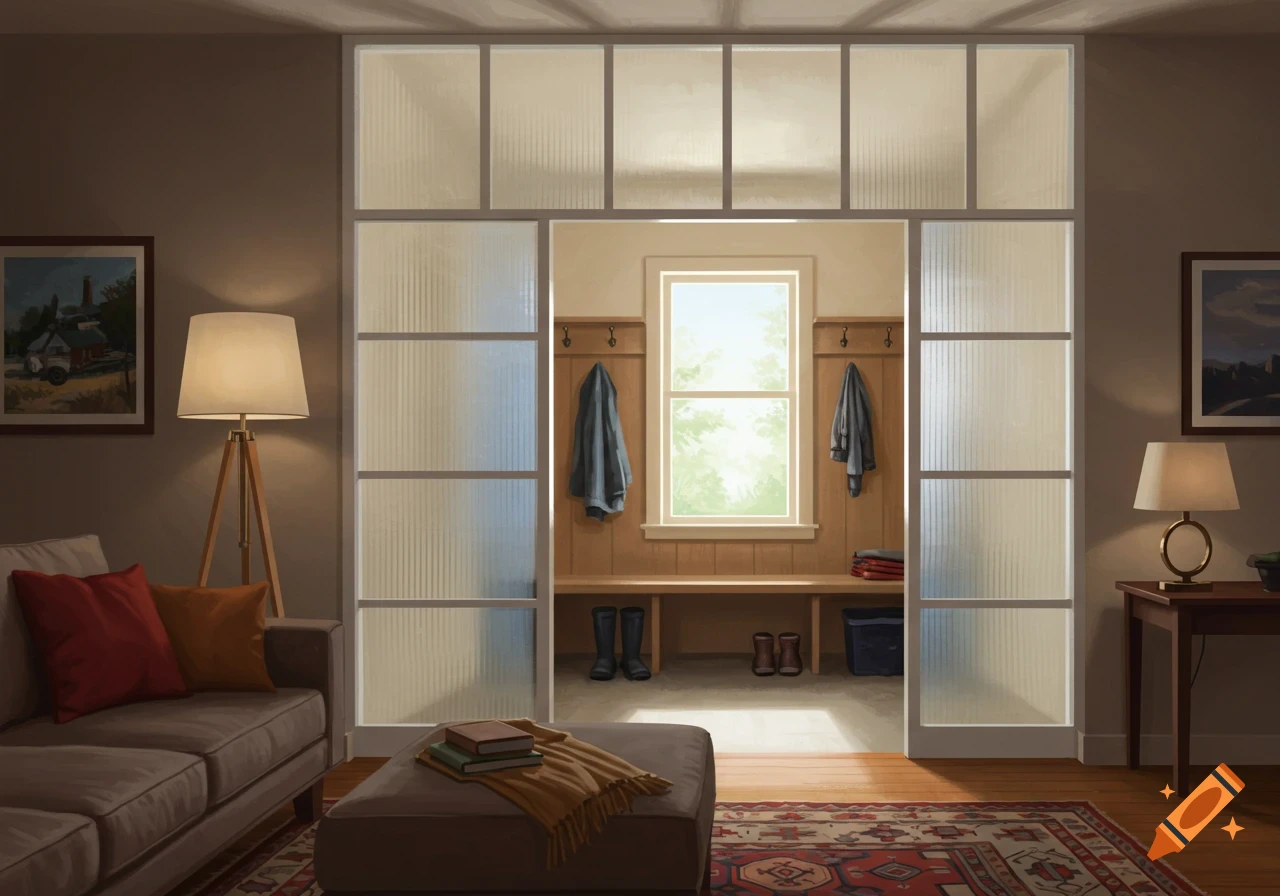 A living room looking through a fluted glass partition into a mudroom with a window, bench, and coats.