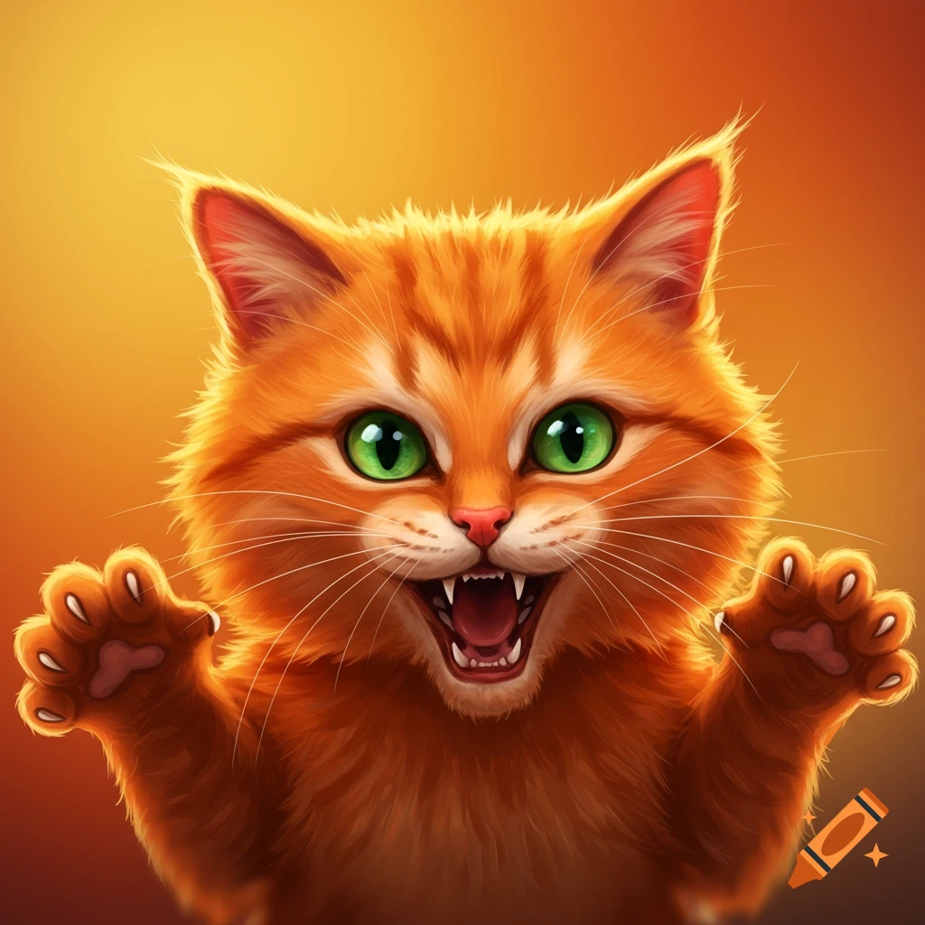 A cartoon ginger cat with green eyes hissing and raising paws towards the viewer.