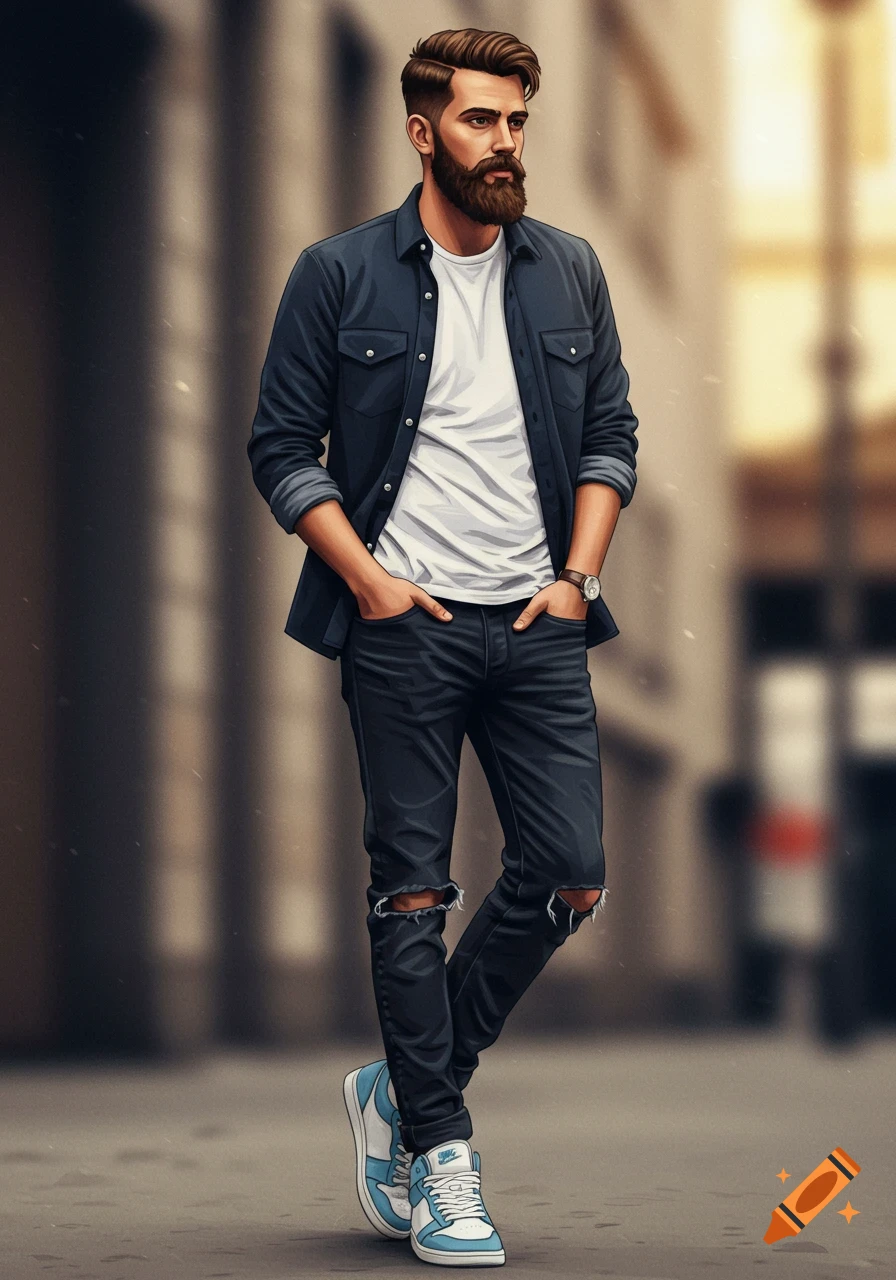 A man with a beard is wearing a dark shirt over a white tee, ripped jeans, and blue and white sneakers.