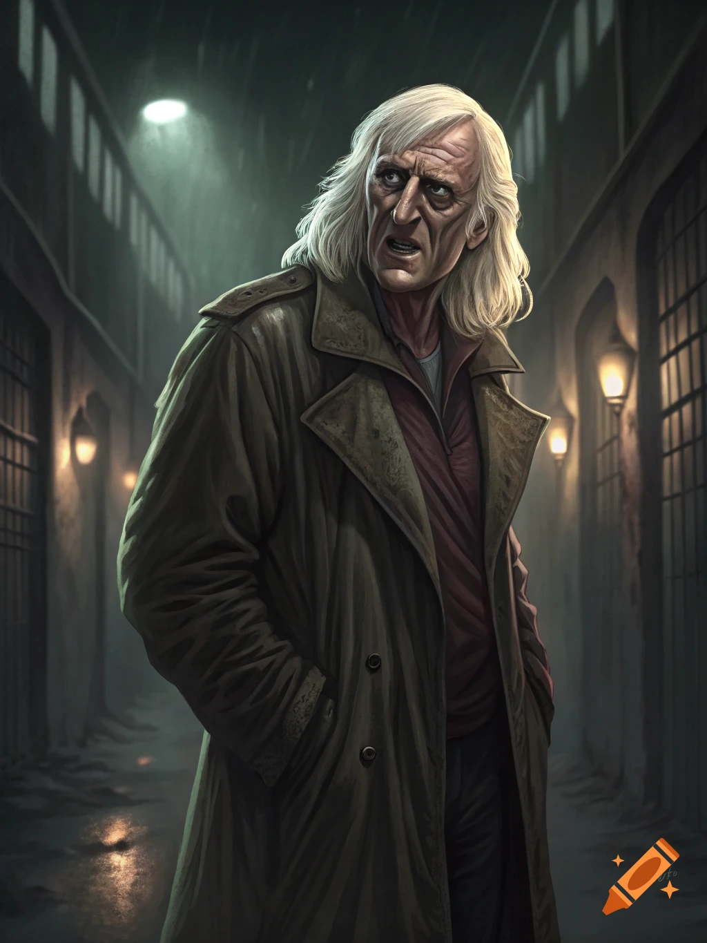 An old man with white hair and a trench coat stands in a dark, rainy alleyway.
