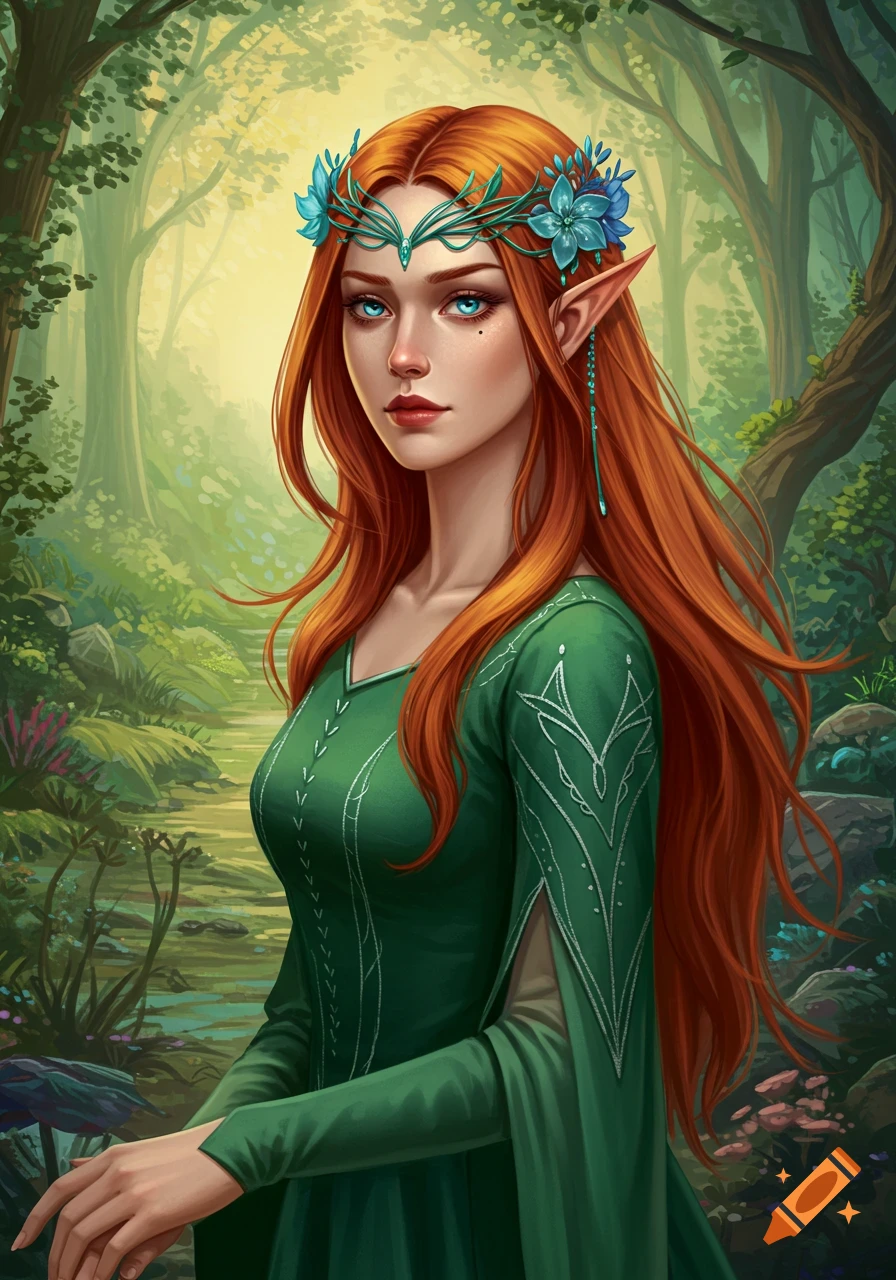 An elf woman with red hair in a green dress and floral headpiece stands in a forest.