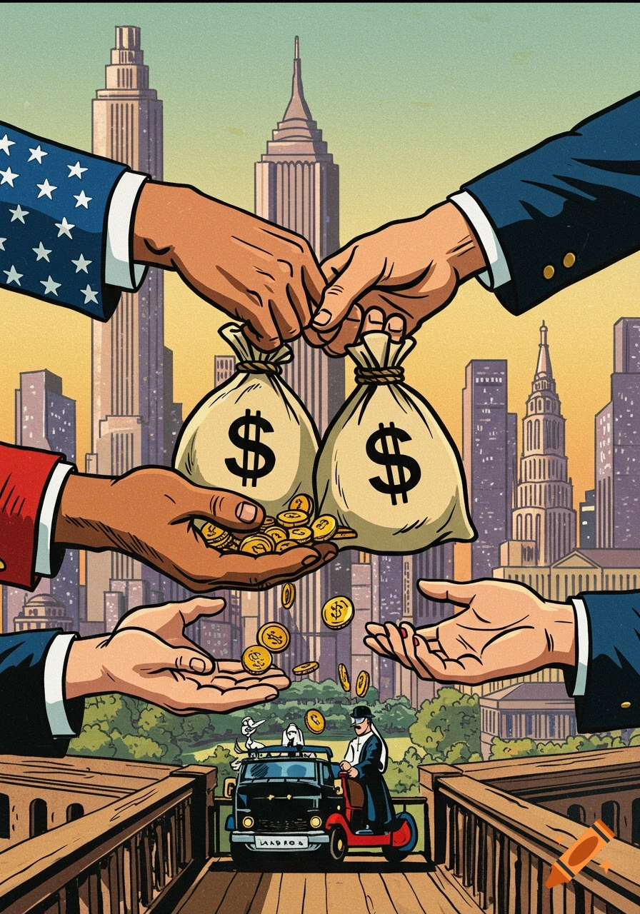 Digital illustration of hands exchanging money bags over a city bridge with buildings in the background.