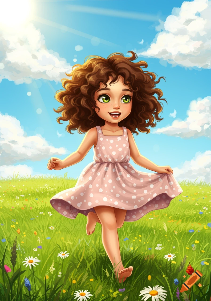 A whimsical image of a young girl running in a sunny meadow.