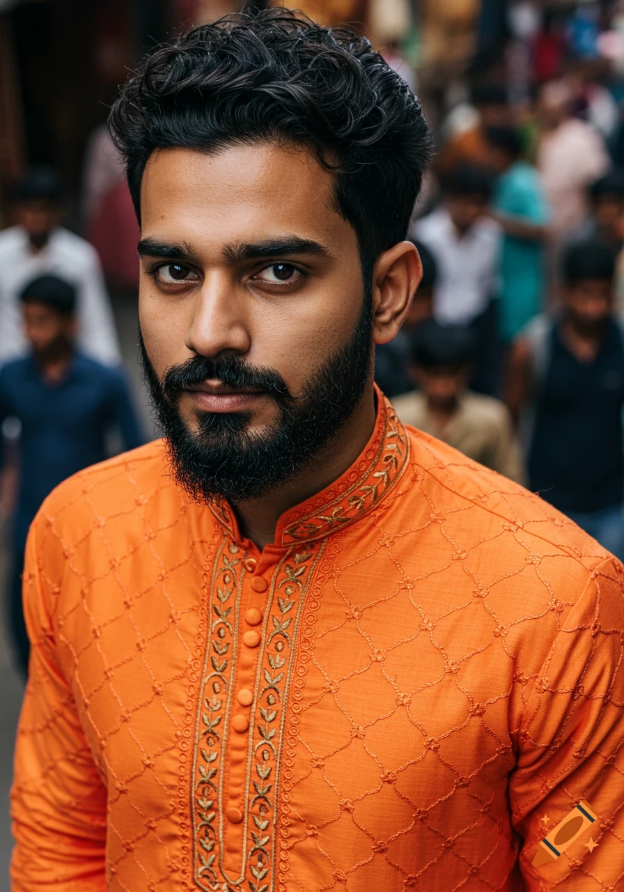Portrait of an Indian man with a beard in an orange traditional outfit in a crowded street.