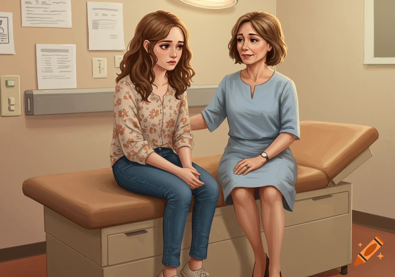 A young woman sitting on a medical exam table looks sad while an older woman comforts her.