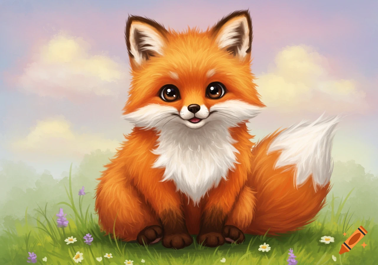 A cute cartoon fox sits in grassy field with flowers.