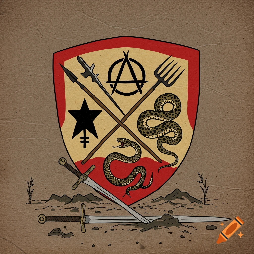 A stylized coat of arms shield featuring anarchy and star symbols, crossed spear and pitchfork, and coiled snakes. Two swords lie on the ground below.