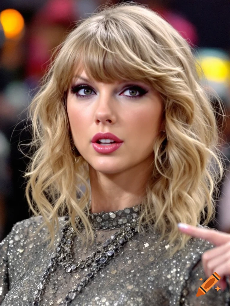 Close-up portrait of Taylor Swift in a sparkly dress.
