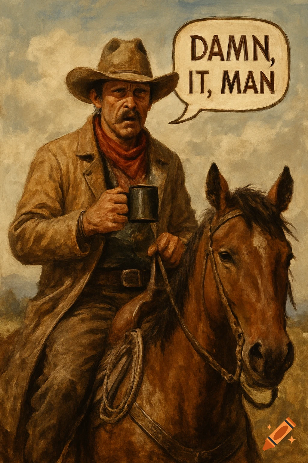 A cowboy on horseback holding a coffee mug, with a speech bubble saying 'Damn, it, man'.