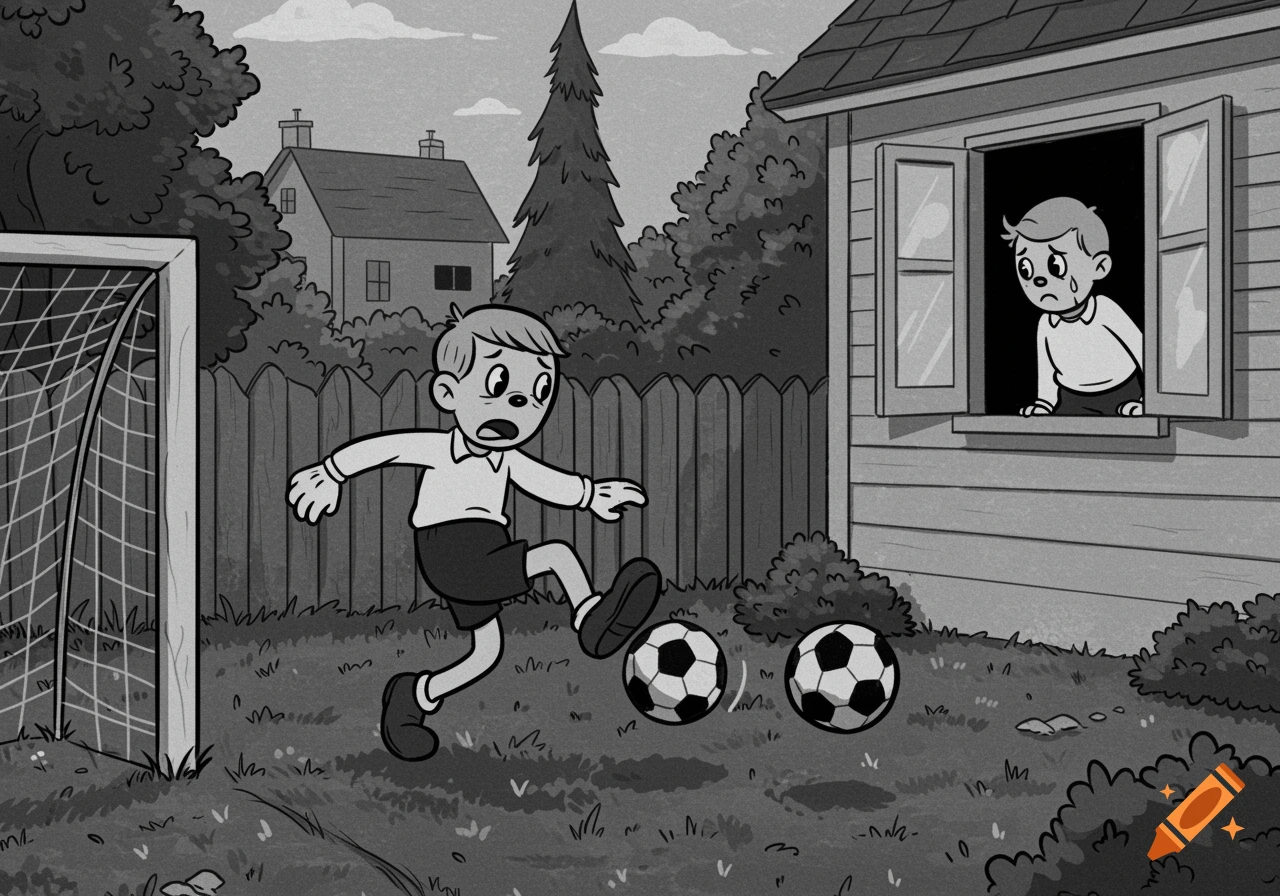 A vintage black-and-white cartoon shows a boy playing soccer in a backyard while another boy watches sadly from a window.