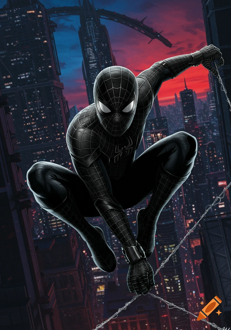 Spider-Man in a black suit swinging through a city at sunset.