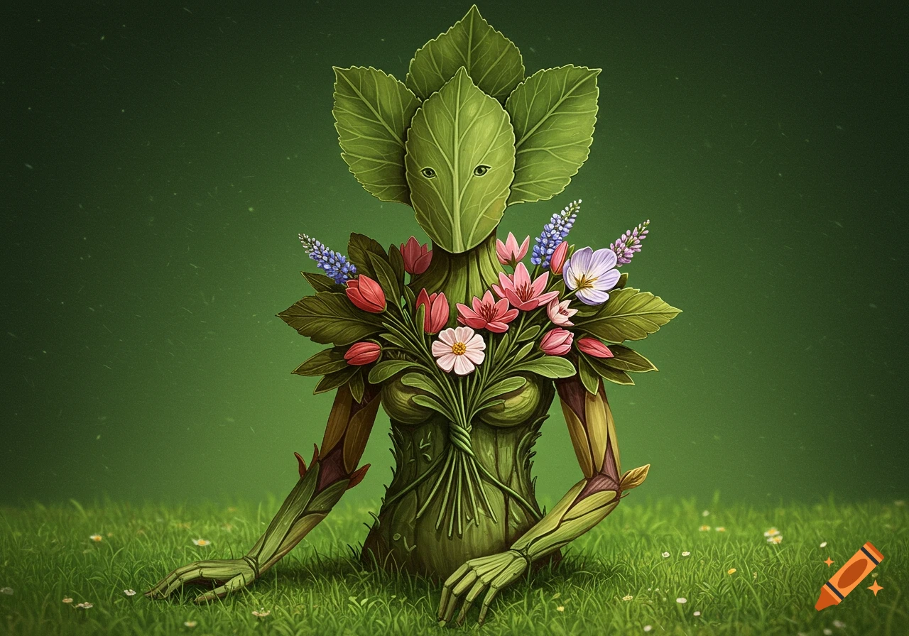 Creature made of leaves and flowers sitting in grass