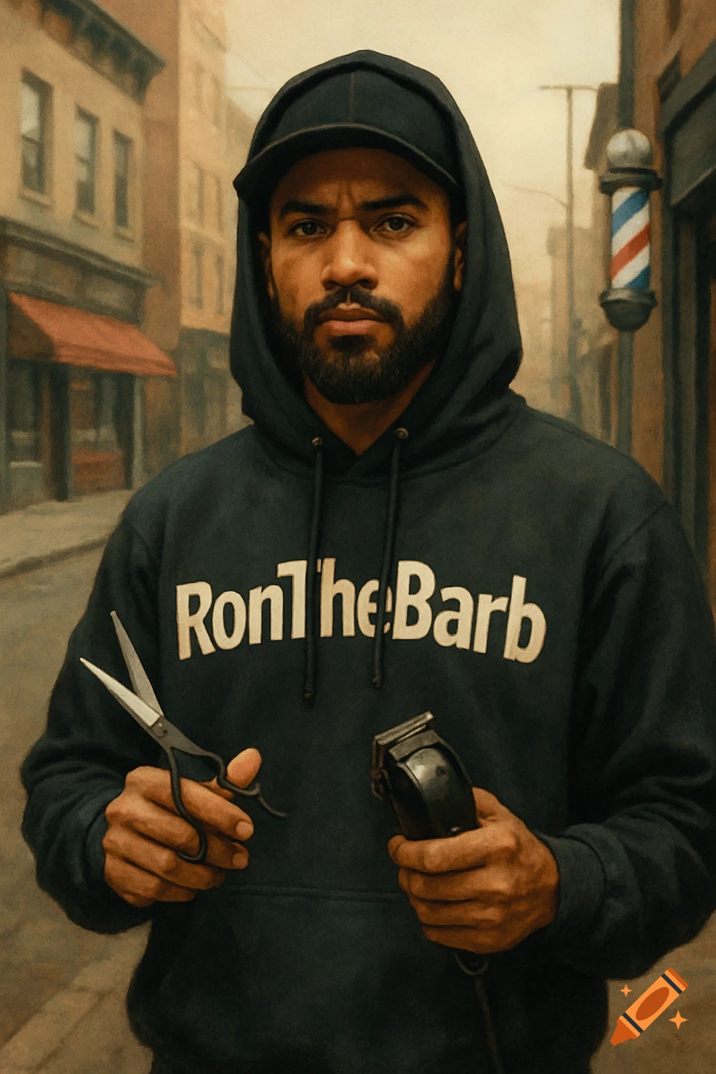 A man wearing a hoodie that says RonTheBarb, holding barber tools on a street