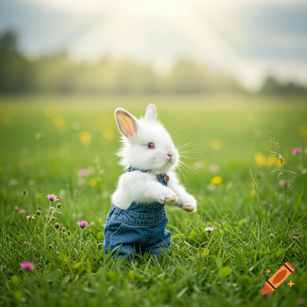 A fluffy white bunny rabbit in denim overalls stands in a vibrant green meadow with wildflowers.