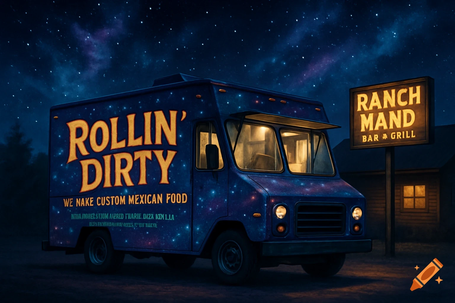 A galaxy-themed food truck named 'Rollin' Dirty' is parked outside a building with a 'Ranch Mand Bar & Grill' sign at night.