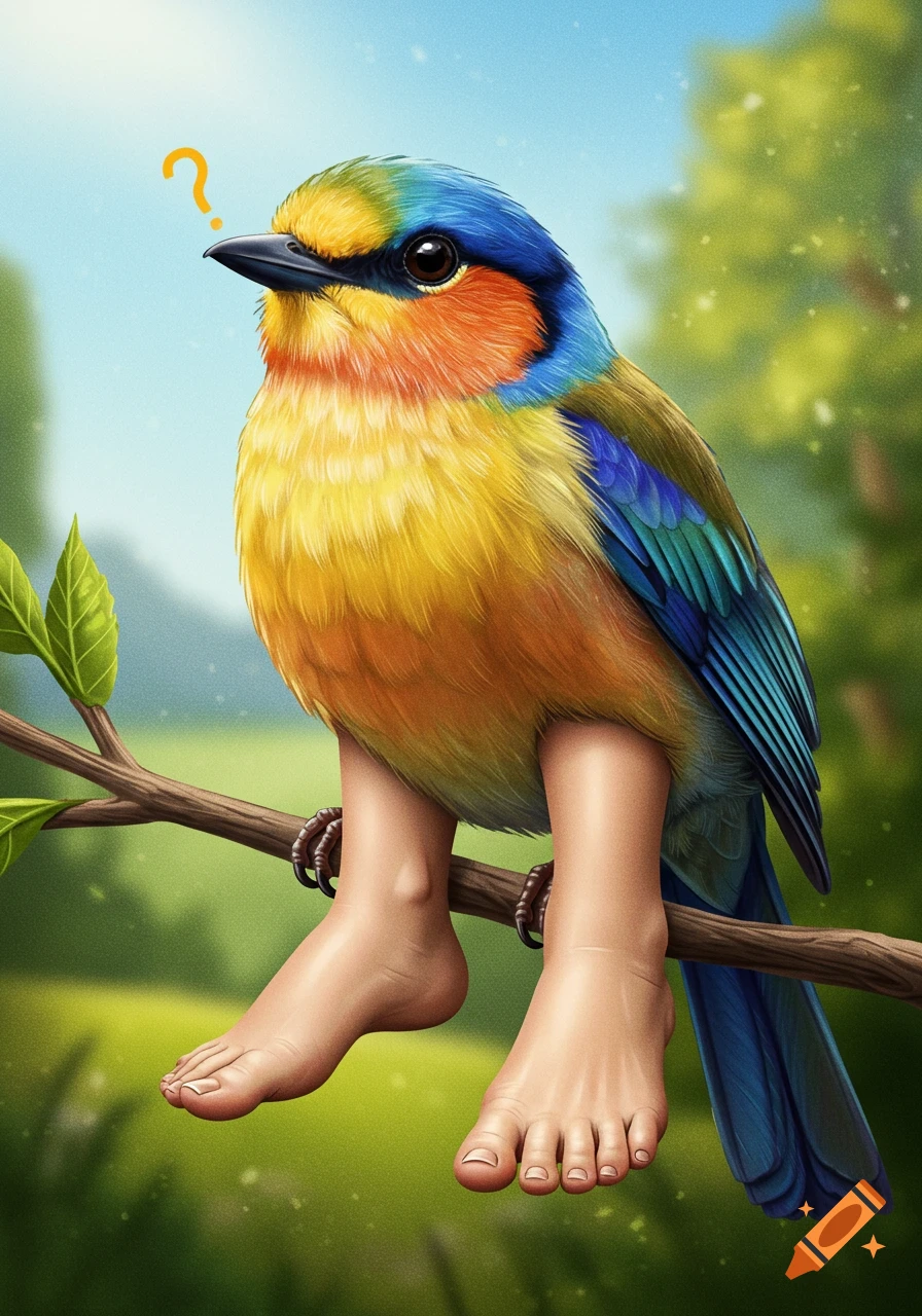 A colorful bird with human feet is sitting on a branch, with a question mark above its head.