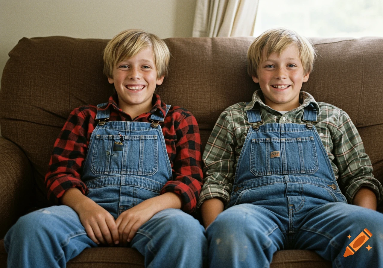 Two smiling boys in plaid shirts and denim overalls sit on a brown couch.