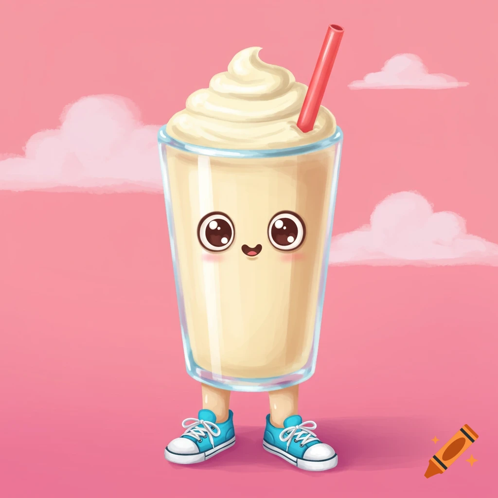 Cartoon shake with a face and blue shoes standing against a pink sky background.