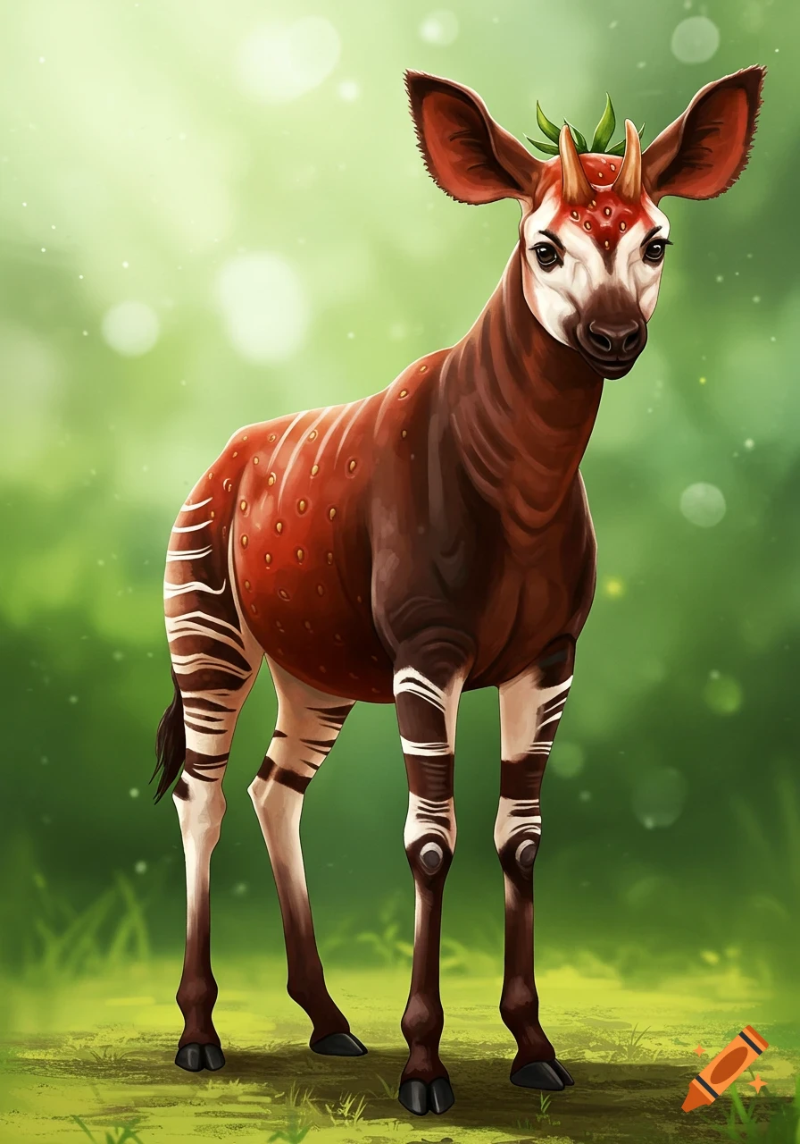A strawberry okapi stands in a grassy field.