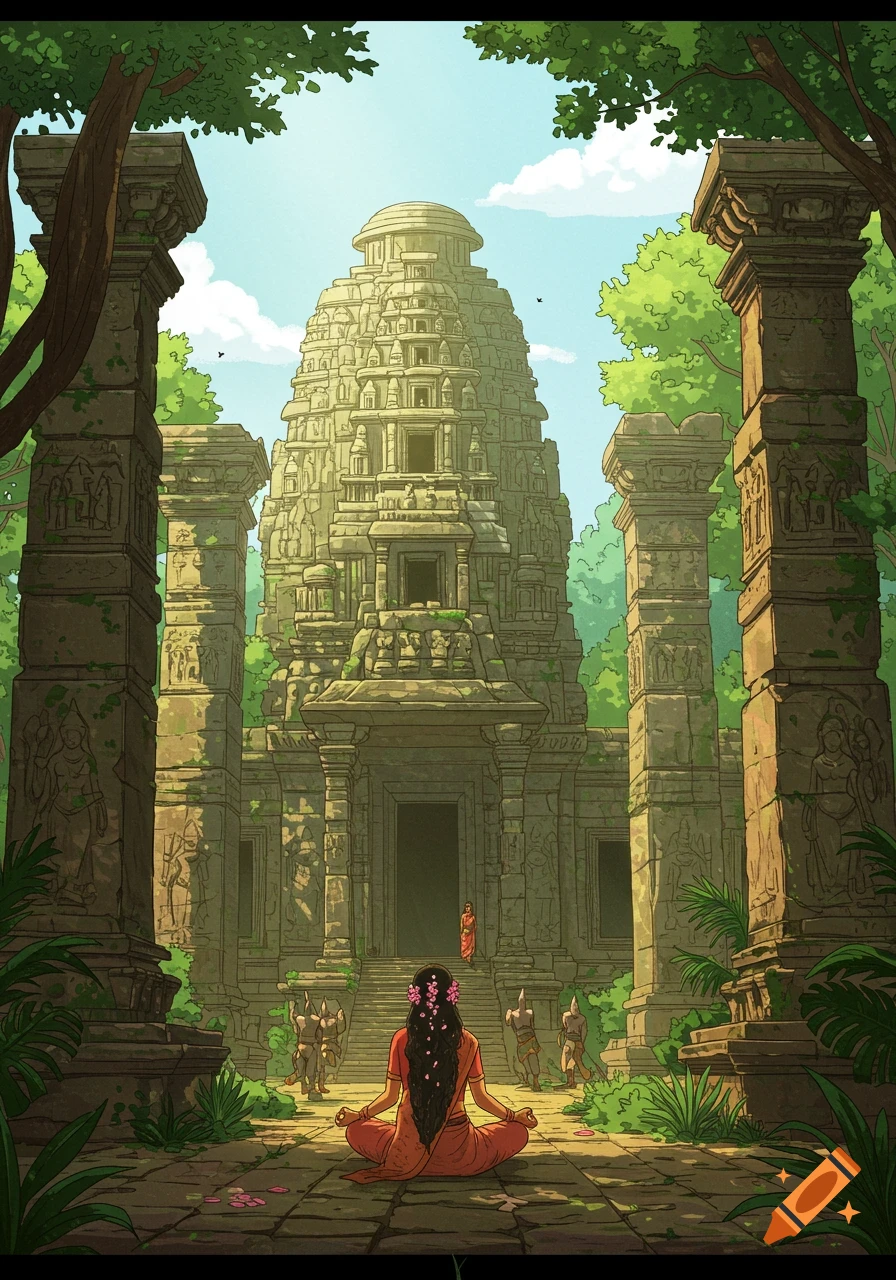 A woman sits meditating before a large, ancient temple ruin overgrown with jungle plants.