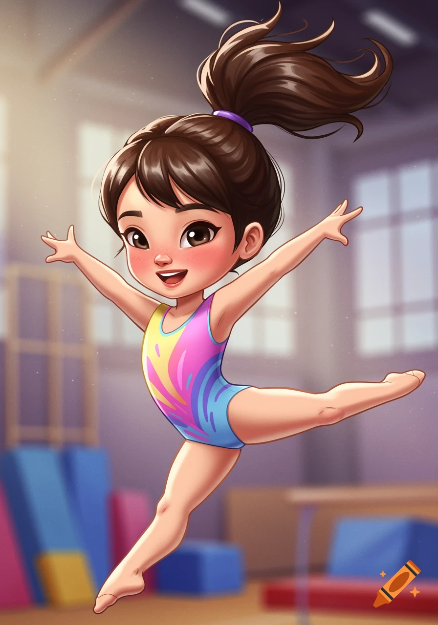 Illustration of a young girl gymnast leaping in a colorful leotard in a gym.