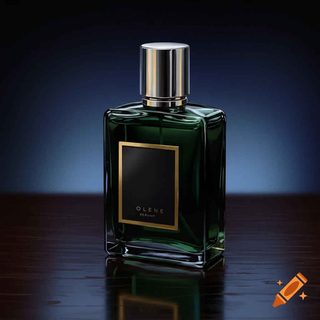 A green glass cologne bottle with a silver cap on a dark wooden surface.