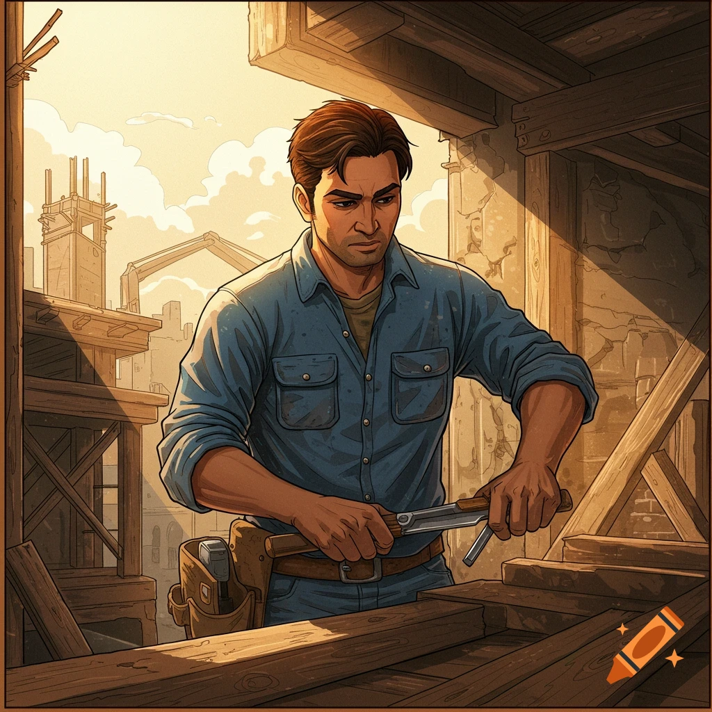 A carpenter working with wood at a construction site.